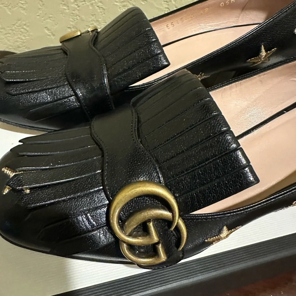 Gucci Black Leather Fringe Pumps with Gold Double G Accents